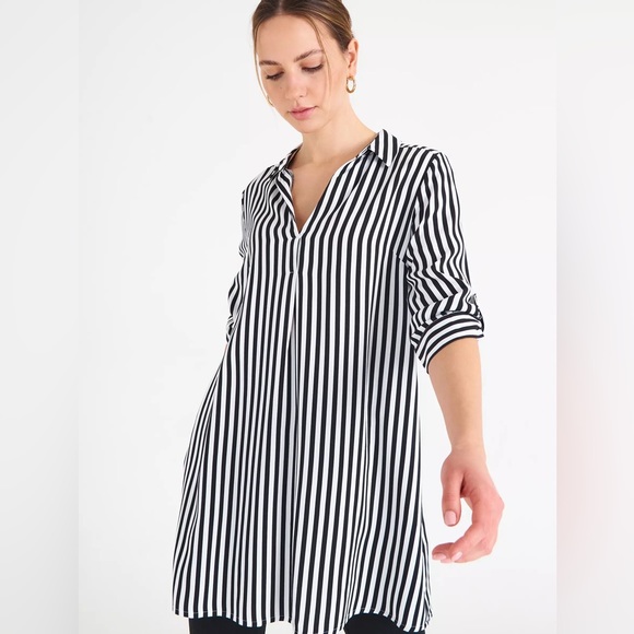 Mango Tops - Mango | Black and White Striped Longline Button Down Tunic Top Size Large